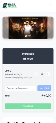 Página de evento aberta no celular, com seleção de lote, cupom de desconto e botão comprar