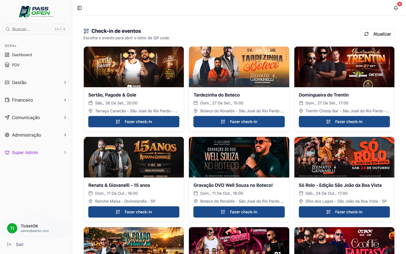 Tela de check-in de eventos, com a lista de eventos e o botão para abrir o leitor de QR Code
