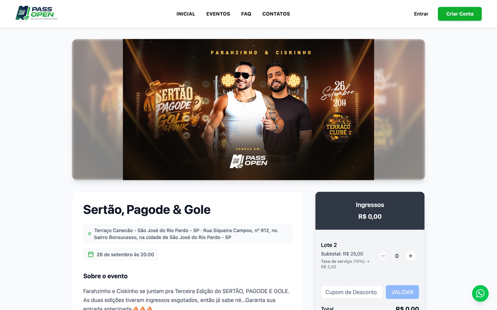 Página de evento com imagem do show, descrição, lotes, cupom de desconto e botão de compra
