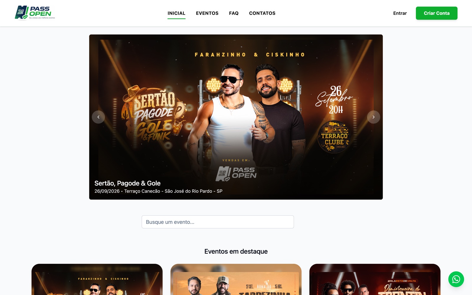 Site de vendas de ingressos personalizado com a marca do organizador, com destaque e vitrine de eventos